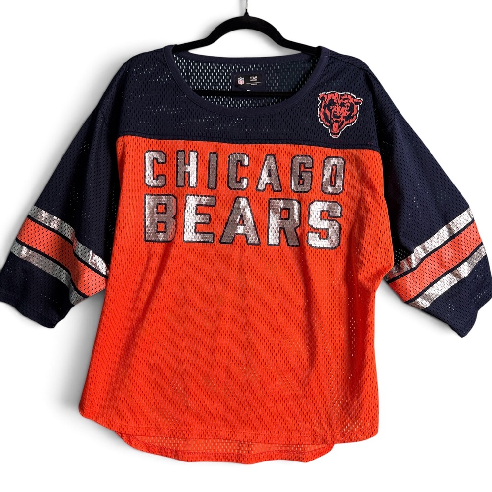 NFL Chicago Bears Jersey Orange Navy Women XL Mesh Silver Metallic Stripes